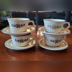 Set of 4 Vintage Pfaltzgraff Village  Cup And Saucers 70s Tan Brown 14oz Soup